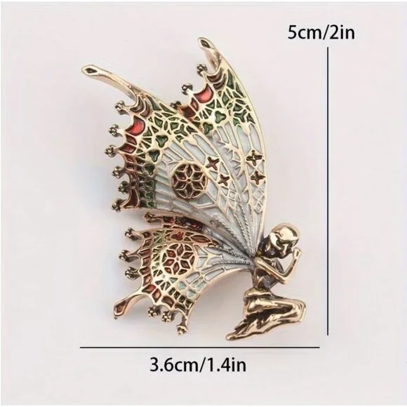 Enamel Stained Glass Wings Fairy Brooch Fold Tone - Picture 2 of 2